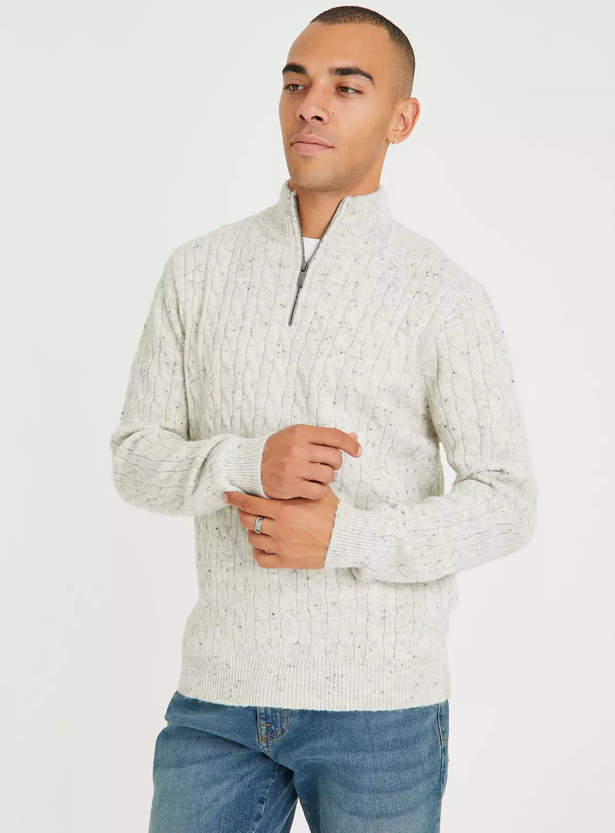 Cream Quarter Zip Cable Knit Jumper M 5 Cream Quarter Zip Cable Knit Jumper M - Image 5