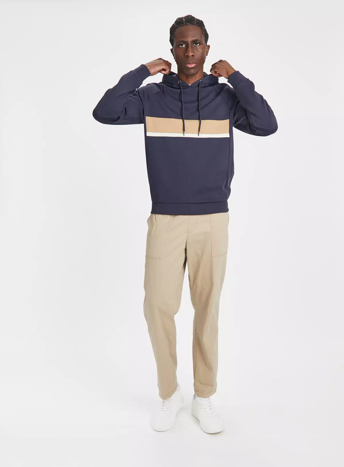 Navy Colour Block Stripe Overhead HoodieXL 2 Navy Colour Block Stripe Overhead HoodieXL - Image 2