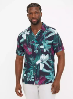 Teal Lily Print Short Sleeve Shirt XL -UMBO Clothing Shop tuc143677633 Teal R Z001A