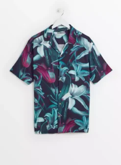 Teal Lily Print Short Sleeve Shirt XL -UMBO Clothing Shop tuc143677633 Teal R Z003A