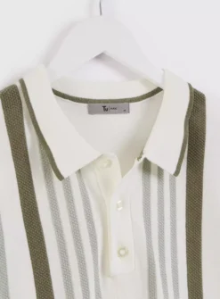 White Vertical Stripe Knitted Polo Shirt XL