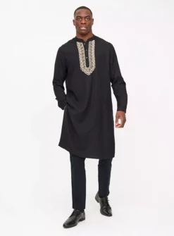 Black Embroidered Linen Blend Kurta L