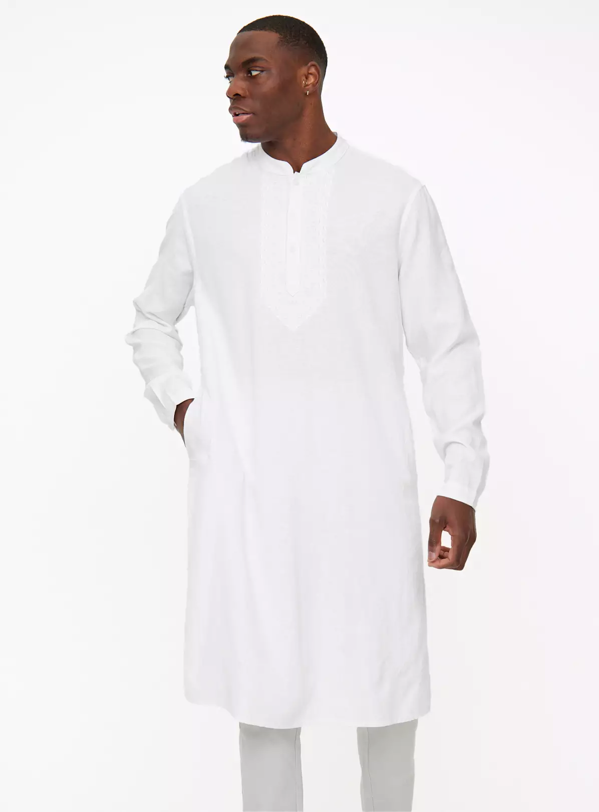 White Embroidered Linen Blend Kurta XXXXL 2 White Embroidered Linen Blend Kurta XXXXL - Image 2