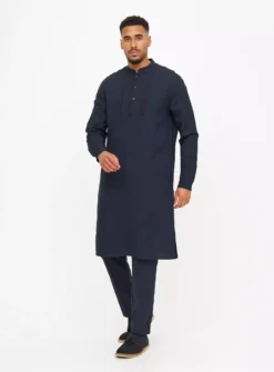 Navy Embroidered Linen Blend Kurta XL